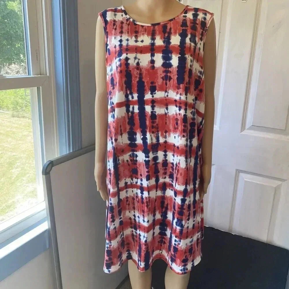 Celebrate Together Women’s XL Midi Dress Blue Red White Tie Dye 4th Of July - Picture 7 of 7